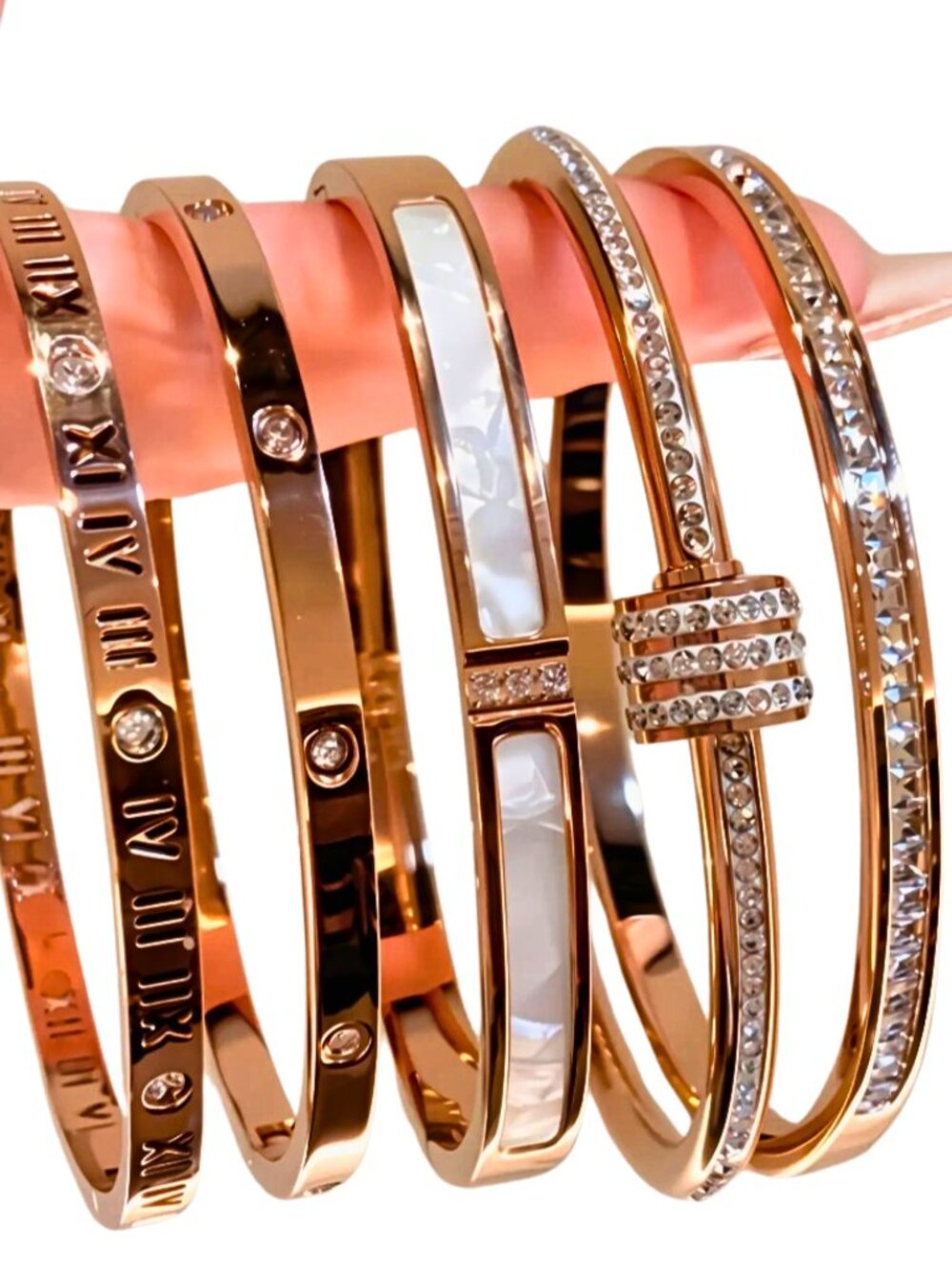 5 PC BANGLE BRACELET SET GOLD ROSE GOLD SILVER STAINLESS STEEL ZIRCONIA STACK